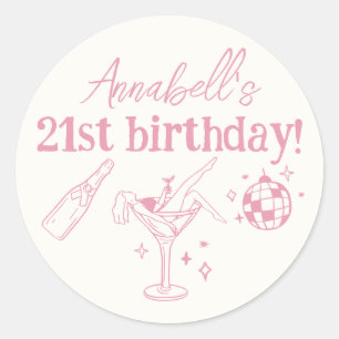 Pink Disco Birthday Party Modern Hand Drawn Doodle Classic Round Sticker