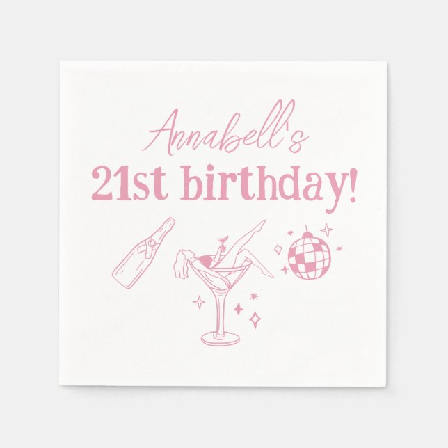 Pink Disco Birthday Party Modern Hand Drawn Doodle Napkins (Front)