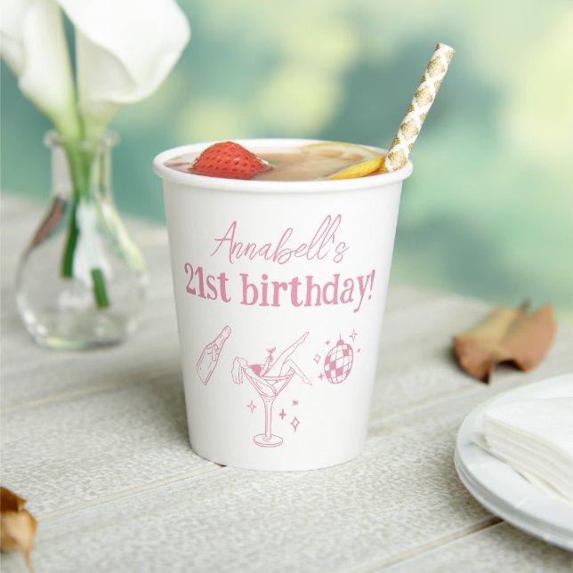 Pink Disco Birthday Party Modern Hand Drawn Doodle Paper Cups (Insitu)