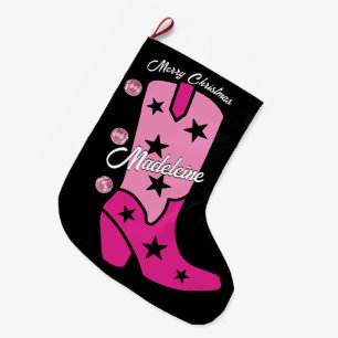Pink Disco Costal Cowgirl Boot  Add Name Western Large Christmas Stocking