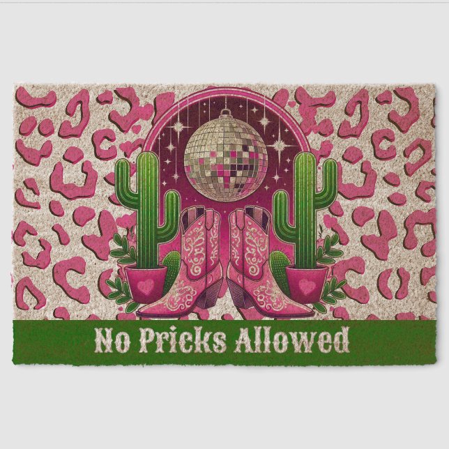 Pink Disco Cowgirl Boots & Cactus  Fiber Doormat (Front)