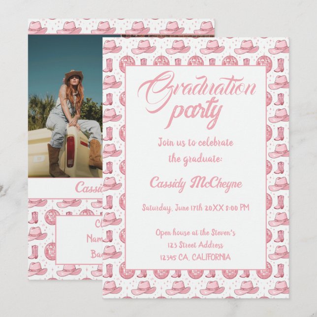 Pink Disco Cowgirl Graduation Invitation (Front/Back)