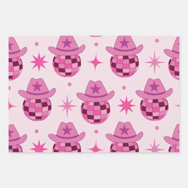 Pink Disco Cowgirl Hat Pattern with Stars  Wrapping Paper Sheets (Front)