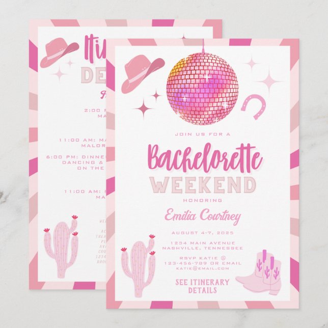 Pink Disco Cowgirl Rodeo Bachelorette Weekend Invitation (Front/Back)
