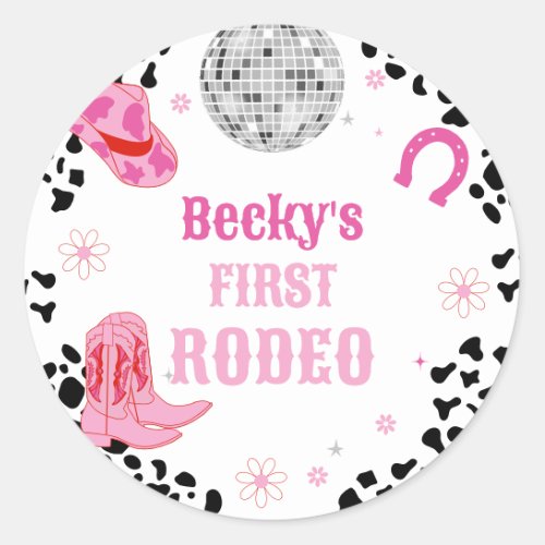 Pink Disco First Rodeo Cowgirl 1st Birthday  Classic Round Sticker