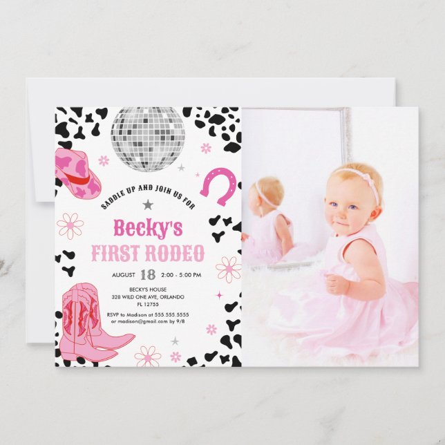 Pink Disco First Rodeo Cowgirl 1st Birthday Photo Invitation (Front)