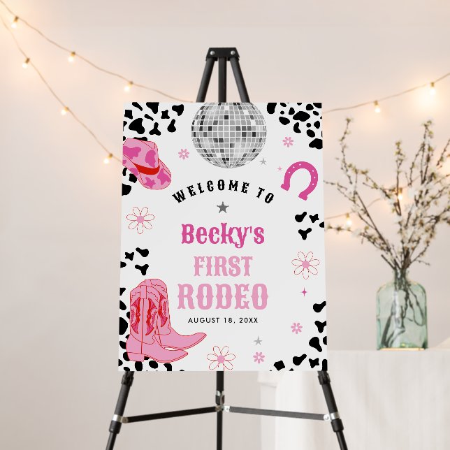 Pink Disco First Rodeo Girl 1st Birthday Welcome Foam Board (In Situ (Stand))