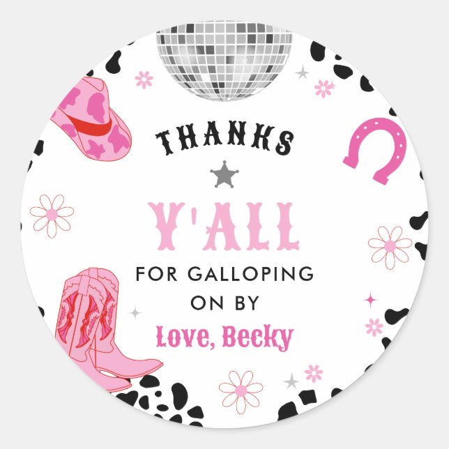 Pink Disco First Rodeo Girl First Birthday Classic Round Sticker (Front)