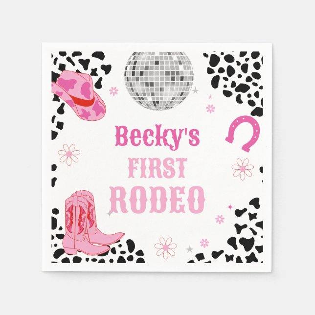 Pink Disco First Rodeo Wild West Girl 1st Birthday Napkins (Front)