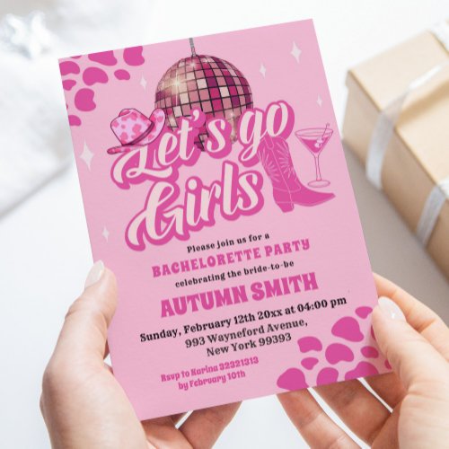 Pink Disco Lets Go Girls Rodeo Bachelorette Party Invitation