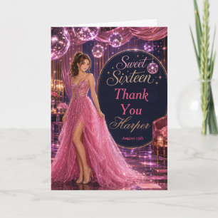 Pink Disco Sweet 16 Princess Party Thank You Card