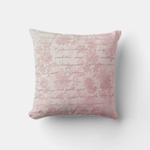 Pink Distressed Floral French Handwriting Ephemera Throw Pillow