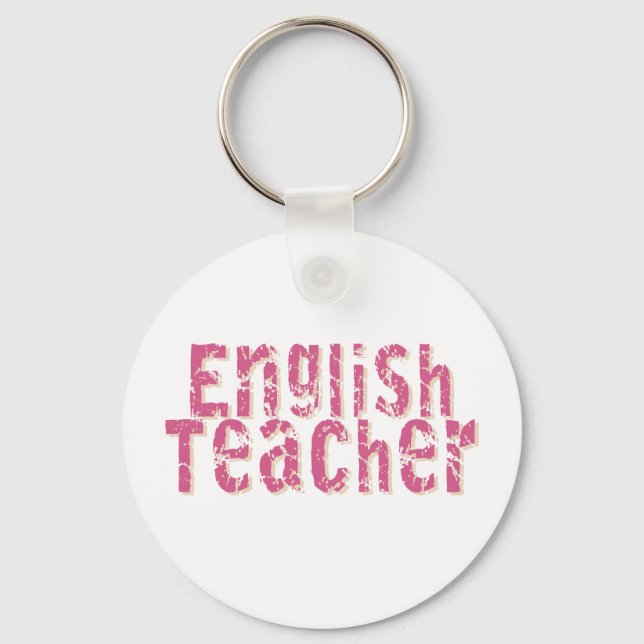 Pink Distressed Text English Teacher Keychain (Front)