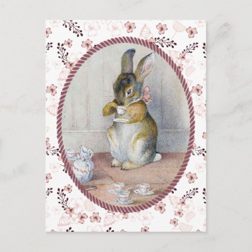 Pink Ditsy Floral Vintage Bunny Tea Postcard