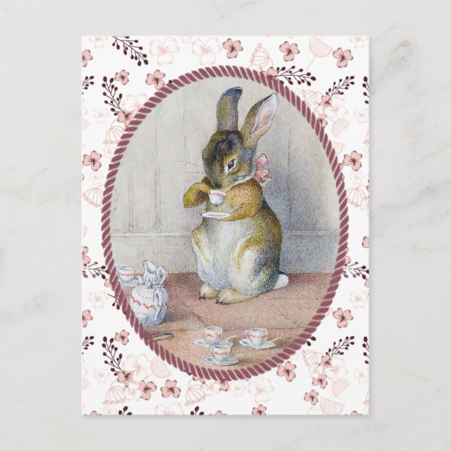 Pink Ditsy Floral Vintage Bunny Tea Postcard (Front)