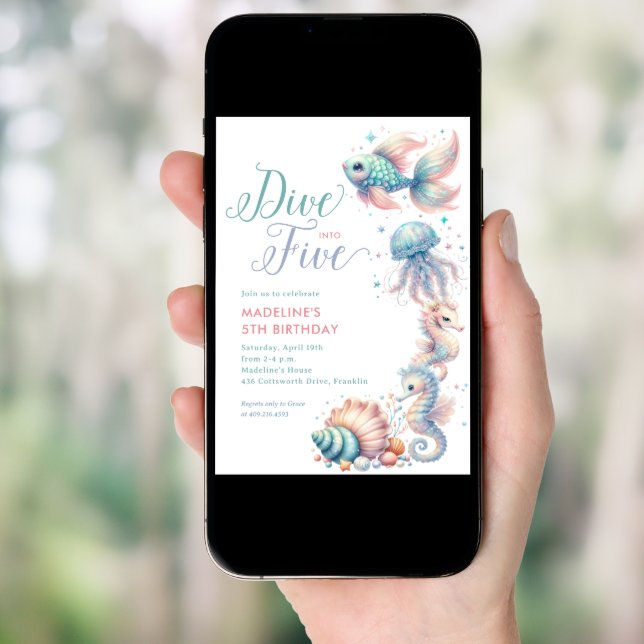 Pink Dive Into Five Mermaid 5th Birthday  Invitation (Front Digital)