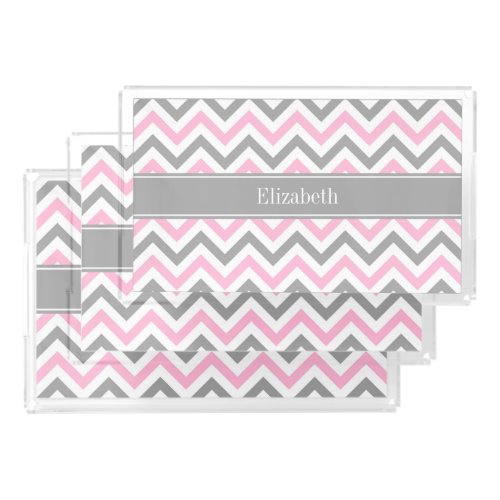 Pink Dk Gray White LG Chevron Gray Name Monogram Acrylic Tray