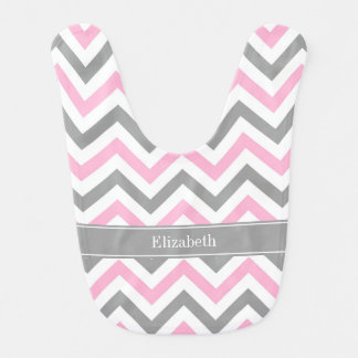 Pink Dk Gray White LG Chevron Gray Name Monogram Bib