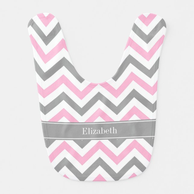 Pink Dk Gray White LG Chevron Gray Name Monogram Bib (Front)