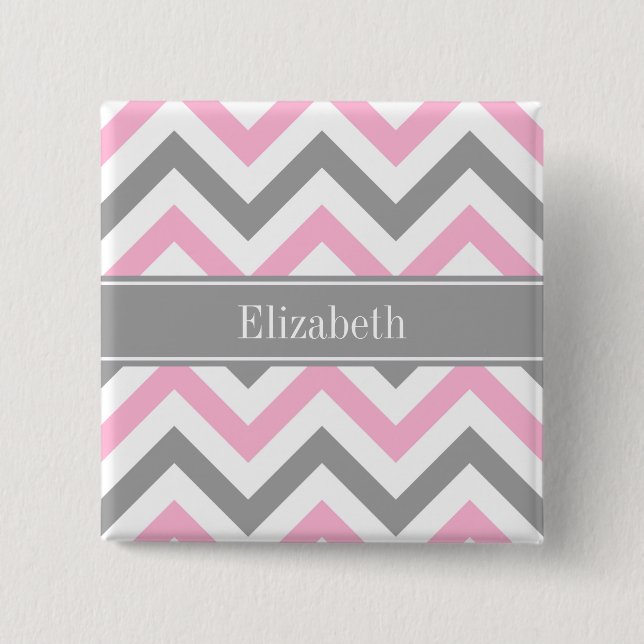 Pink Dk Gray White LG Chevron Gray Name Monogram Button (Front)