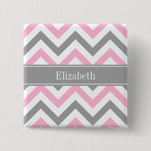 Pink Dk Gray White LG Chevron Gray Name Monogram Button
