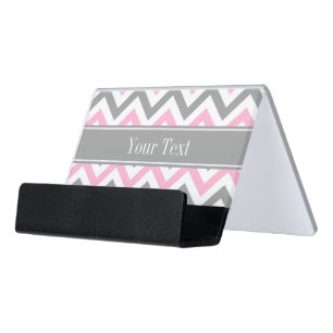 Pink Dk Gray White LG Chevron Gray Name Monogram Desk Business Card Holder