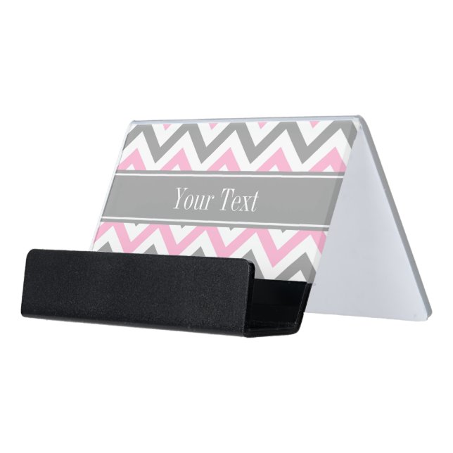 Pink Dk Gray White LG Chevron Gray Name Monogram Desk Business Card Holder (Angled Front)