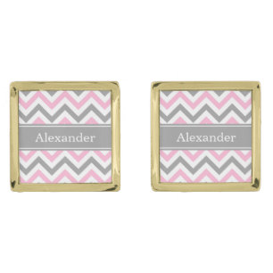 Pink Dk Gray White LG Chevron Gray Name Monogram Gold Cufflinks