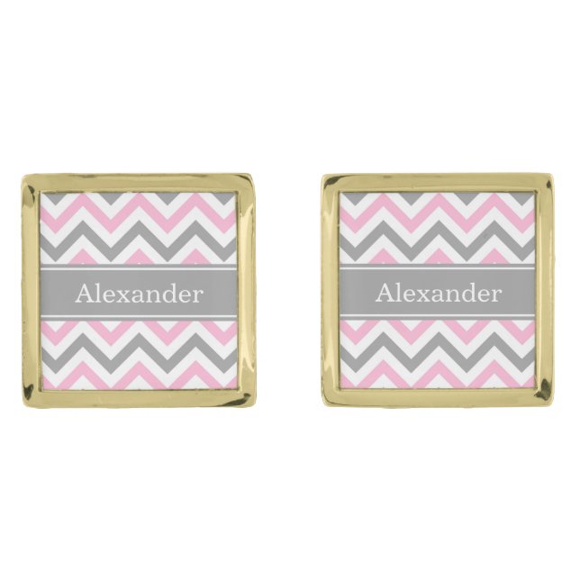 Pink Dk Gray White LG Chevron Gray Name Monogram Gold Cufflinks (Front)