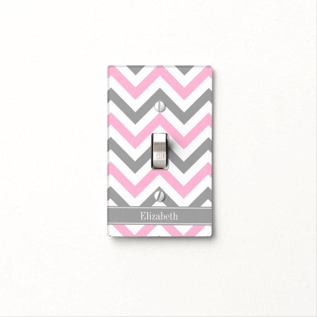 Pink Dk Gray White LG Chevron Gray Name Monogram Light Switch Cover (In Situ)