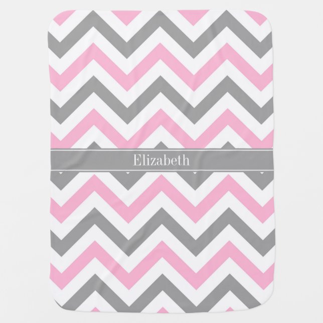 Pink Dk Gray White LG Chevron Gray Name Monogram Receiving Blanket (Front)