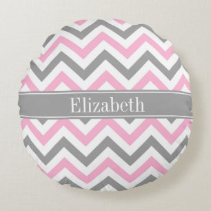 Pink Dk Gray White LG Chevron Gray Name Monogram Round Pillow