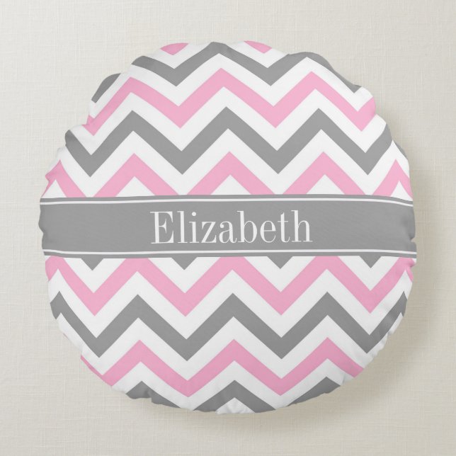 Pink Dk Gray White LG Chevron Gray Name Monogram Round Pillow (Front)