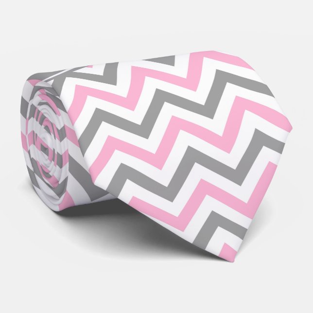 Pink Dk Gray White LG Chevron Gray Name Monogram Tie (Rolled)
