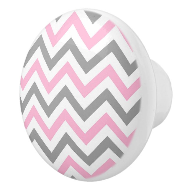 Pink, Dk Gray Wht Large Chevron ZigZag Pattern Ceramic Knob (Right)