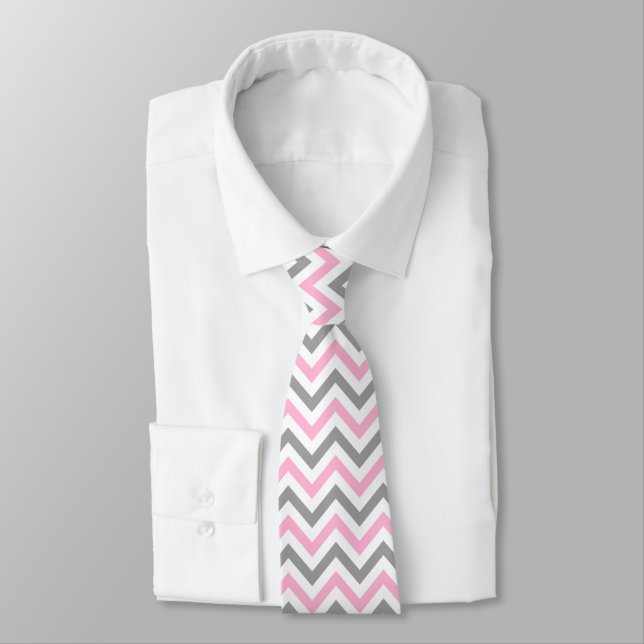 Pink, Dk Gray Wht Large Chevron ZigZag Pattern Neck Tie (Tied)