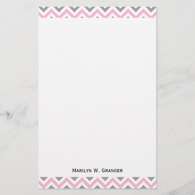 Pink, Dk Gray Wht Large Chevron ZigZag Pattern Stationery (Front)