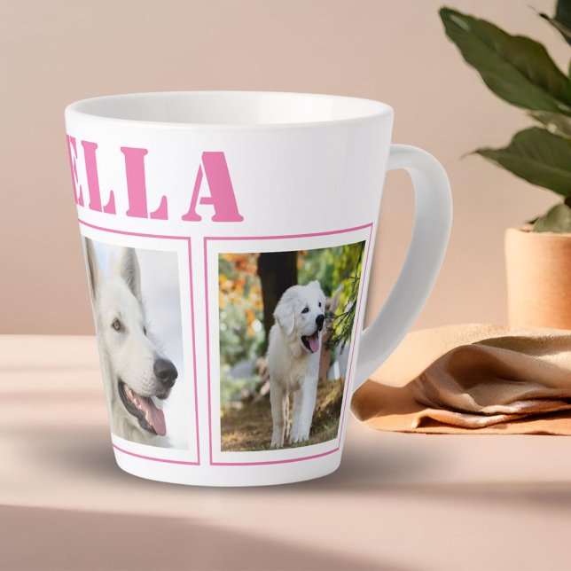 Pink Dog 3 Photo Collage with Name  Latte Mug (Creator Uploaded)