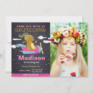 Pink Dog Airplane Birthday Invitation with photo