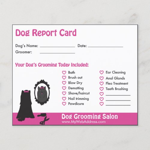 Pink Dog and Mirror Dog Grooming Report Card