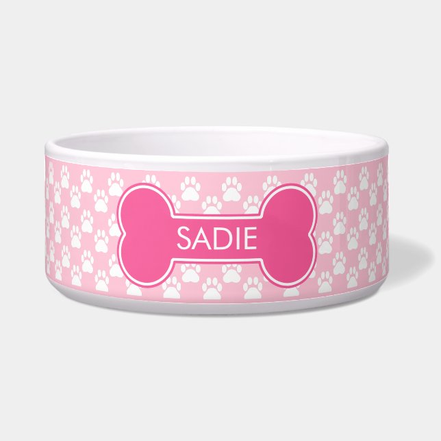 Pink Dog Bone And Paws With Name Bowl (Front)
