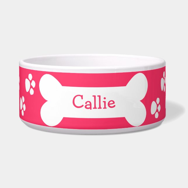 Pink Dog Bowl With Paws and Bone (Front)