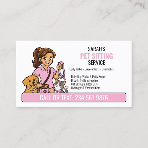 Pink Dog Cat Cartoon Girl QR Pet Sitting Business Card