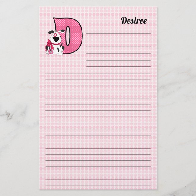Pink Dog Mongrammed Letter D Lined Stationery (Front)