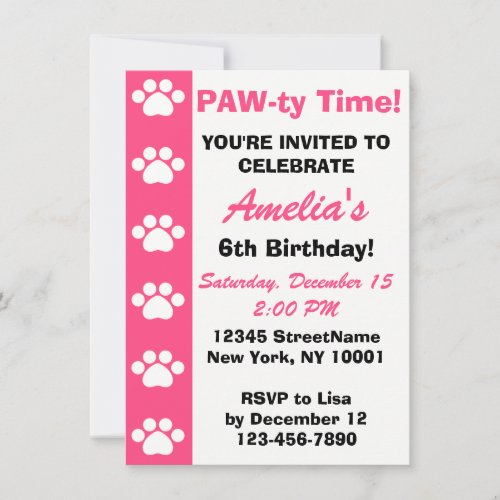 Pink _ Dog or Cat Themed Birthday Party Invitation