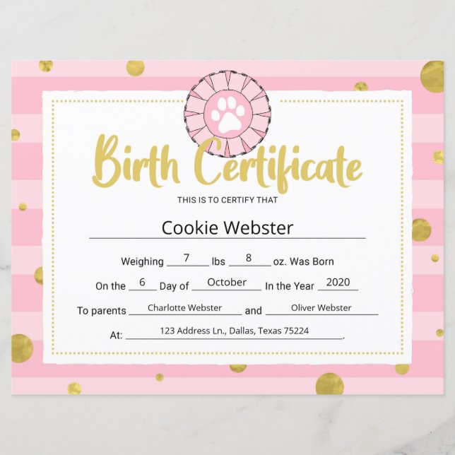 Pink Dog Paw Clip Art Puppy Birth Certificate (Front)
