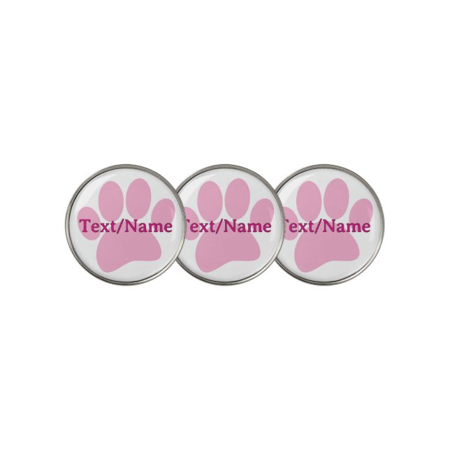 Pink Dog Paw Print Custom Name  Golf Ball Marker (3 Up)
