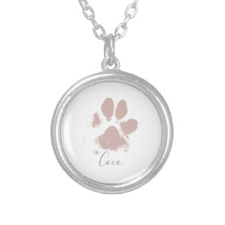 Pink Dog Paw Print with Your Pet's Name Silver Plated Necklace