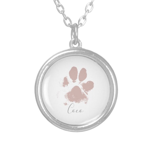 Pink Dog Paw Print with Your Pet's Name Silver Plated Necklace (Front)