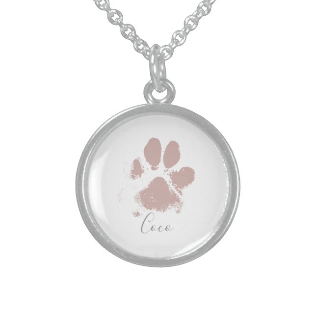 Pink Dog Paw Print with Your Pet's Name Sterling Silver Necklace (Front)